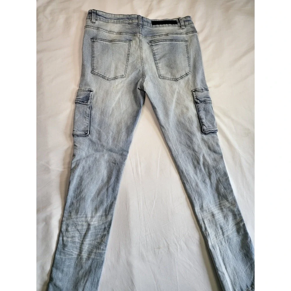 Y2K Rockstar Original Honor Mens Distressed Lace Up Cargo Jeans Light Blue 34